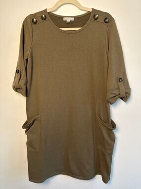Ophelia Roe Olive Dress • Cozy Tunic with Shoulder Buttons & Slouchy Pockets